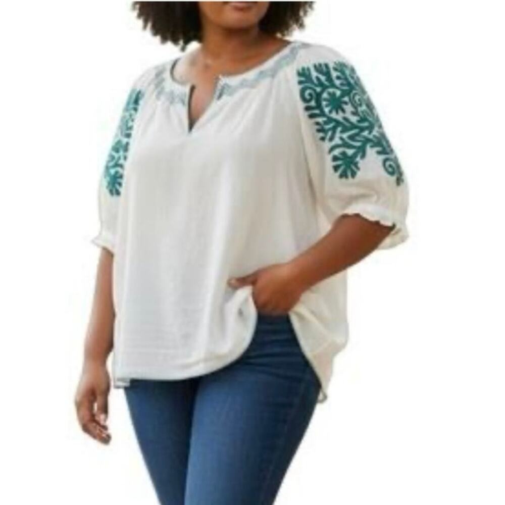 Sundance Embroidered White Teal Floral V Neck‎ Blouse SIZE S Boho Short Sleeve